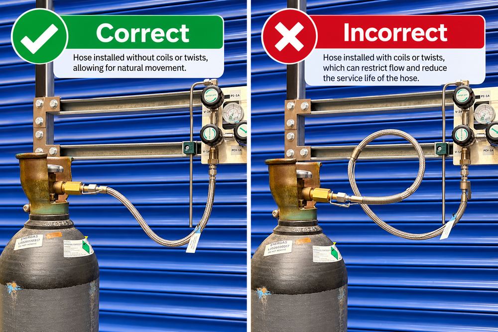 Example of correct and incorrect stainless steel hose installation on a gas cylinder